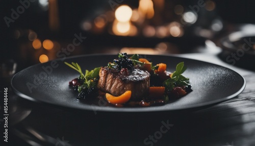 view of aesthetic food elegant expensive dish plate dark black gourmet dinner chef
