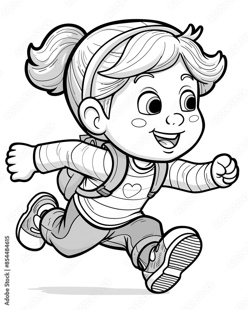 A girl is running with a backpack on. She is smiling and looking happy. The image is of a cartoon character A girl is running with a backpack on. She is smiling and looking happy. The image is of a cartoon character