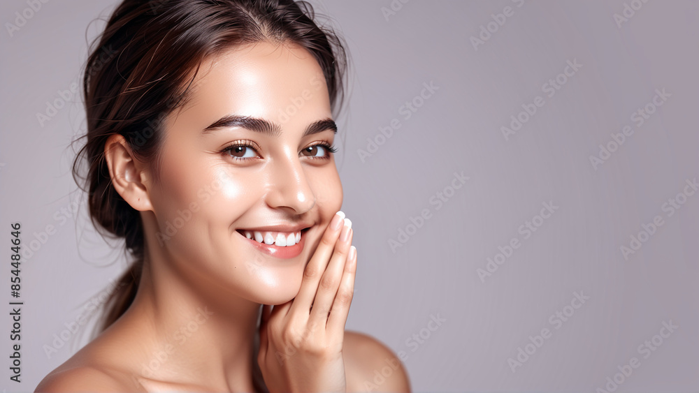 Woman smiling while touching her flawless glowy skin with copy space for your advertisement, skincare
Woman smiling while touching her flawless glowy skin with copy space for your advertisement, skincare