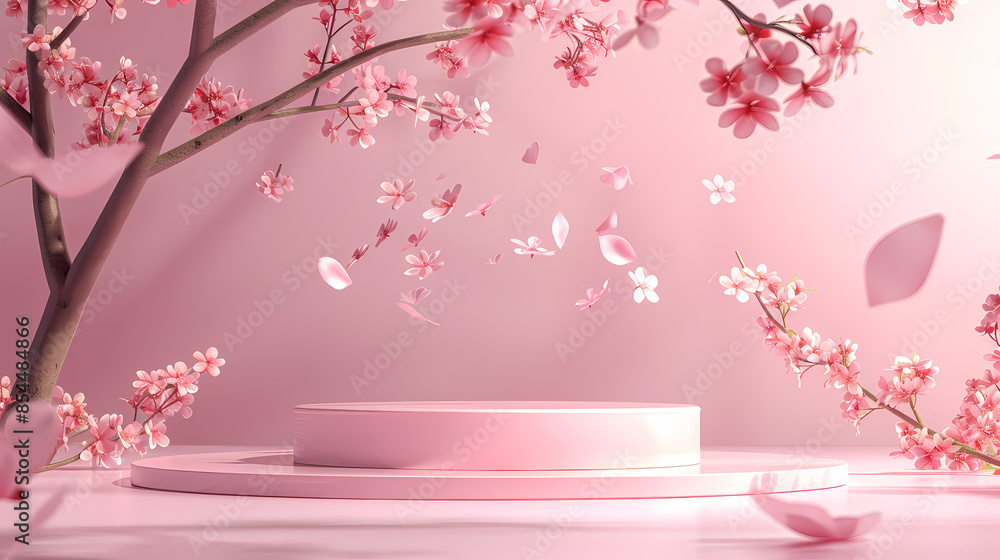 Pink podium with falling cherry blossom petals in the background Pink podium with falling cherry blossom petals in the background