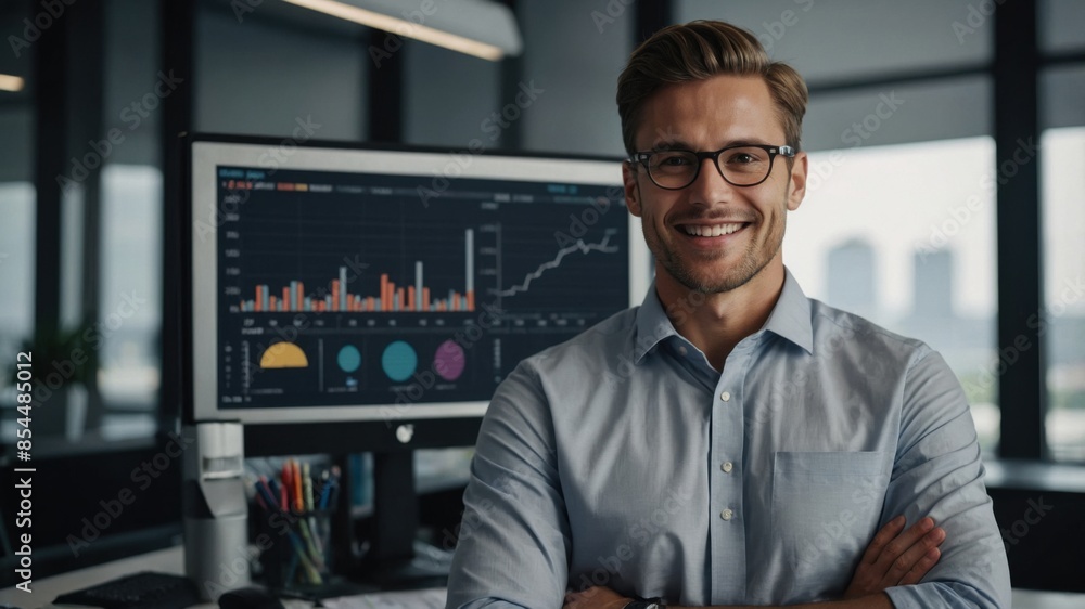 A professional businessman standing next to a monitor displaying real-time charts. He is happy and smiling with confident. A professional businessman standing next to a monitor displaying real-time charts. He is happy and smiling with confident.