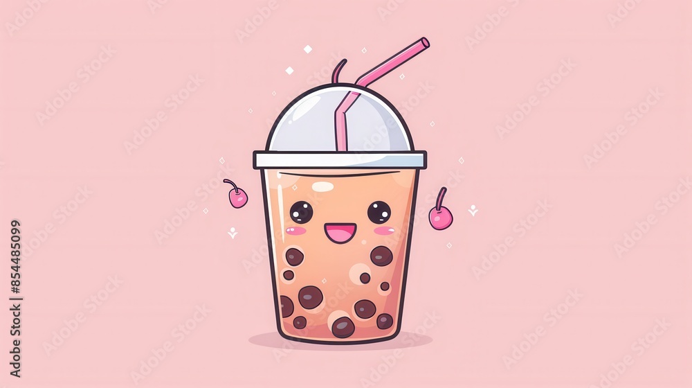 A cartoon bubble tea with a happy face, a pink straw, a white lid, and brown boba pearls, on a pink background. A cartoon bubble tea with a happy face, a pink straw, a white lid, and brown boba pearls, on a pink background.