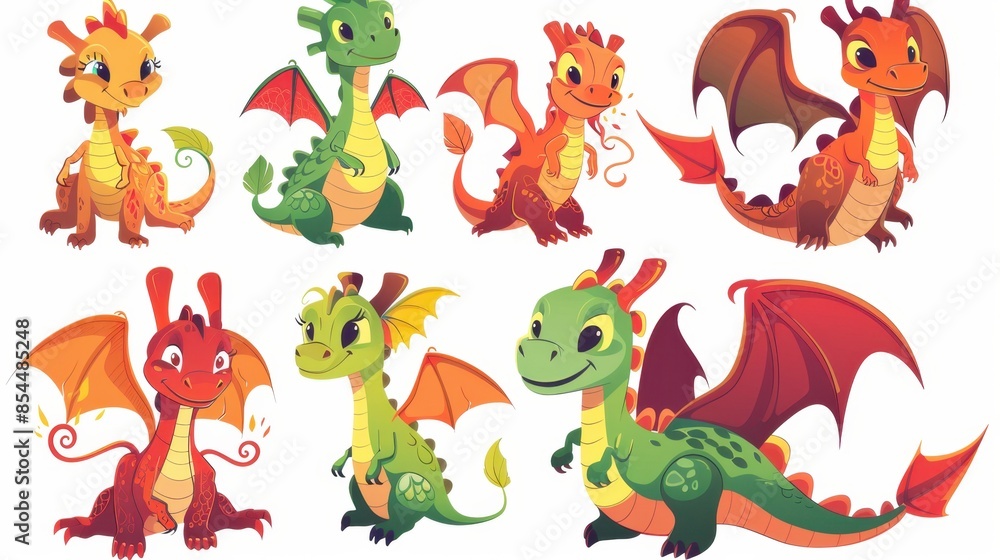 Obraz premium A collection of cute, cartoon dragons in various poses with vibrant colors and expressions.