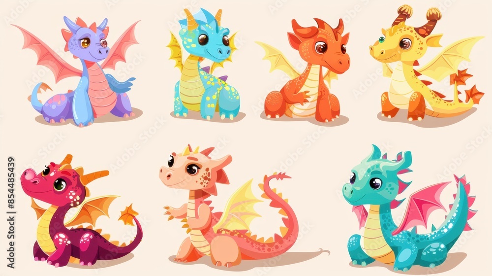 Naklejka premium Set of seven cartoon dragons in various colors and poses.