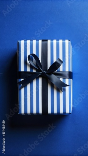 The image features a gift box wrapped in striped blue and white paper, tied with a dark blue ribbon.