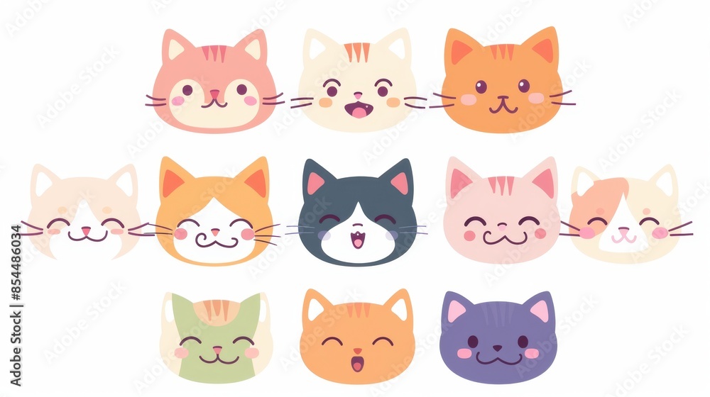 Collection of ten cartoon cats with diverse facial expressions, arranged in a grid pattern. Collection of ten cartoon cats with diverse facial expressions, arranged in a grid pattern.