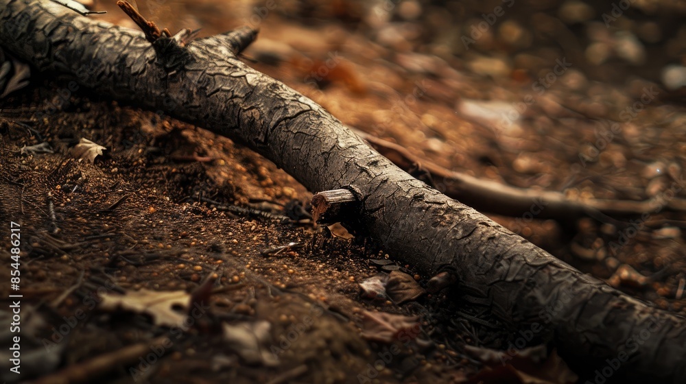 Brown fallen tree branch lying on the ground with a gentle curve Brown fallen tree branch lying on the ground with a gentle curve