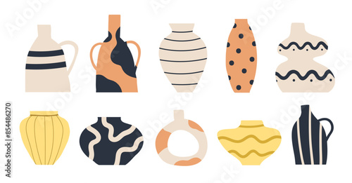 Set of abstract ceramic vases. Pottery modern organic shapes. Flower pot ancient jar design. Boho trendy geometric vase. Vector illustration in flat style