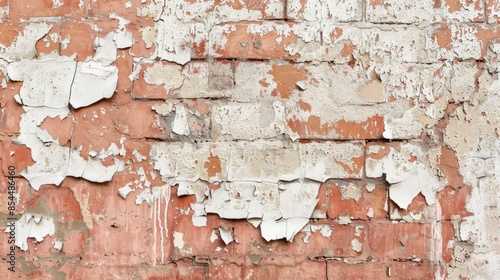 Close up view of weathered red brick wall with flaking beige paint