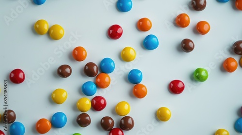 Colorful sweet candies are scattered on a white surface