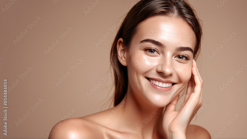 Woman smiling while touching her flawless glowy skin with copy space for your advertisement, skincare Woman smiling while touching her flawless glowy skin with copy space for your advertisement, skincare