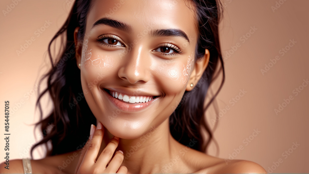 Woman smiling while touching her flawless glowy skin with copy space for your advertisement, skincare Woman smiling while touching her flawless glowy skin with copy space for your advertisement, skincare
