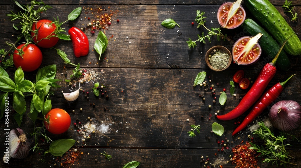 Ripe vegetables, herbs and spices on a wooden background Ripe vegetables, herbs and spices on a wooden background