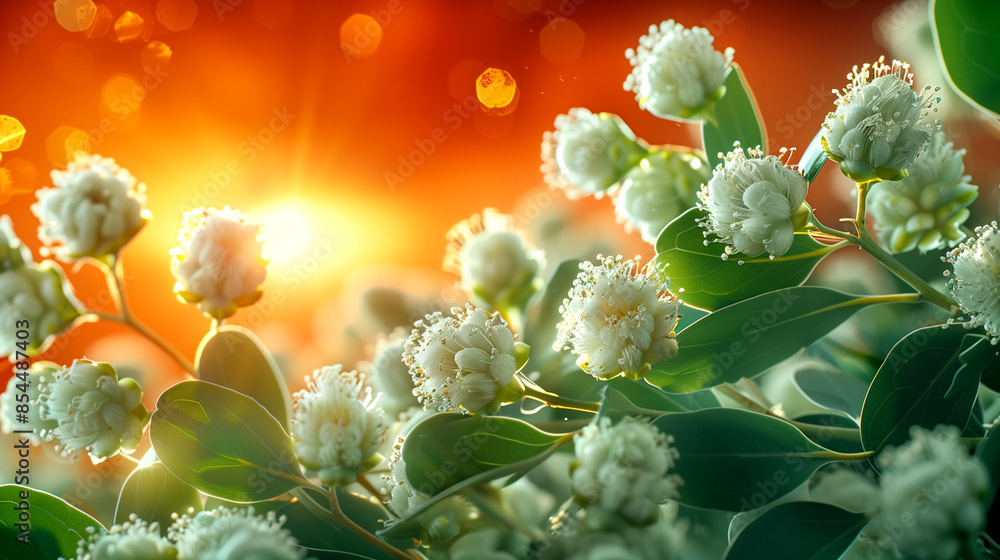 A field of white flowers with a bright sun in the background. The sun is shining on the flowers, making them look even more beautiful. Scene is peaceful and serene, as the flowers A field of white flowers with a bright sun in the background. The sun is shining on the flowers, making them look even more beautiful. Scene is peaceful and serene, as the flowers