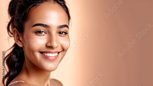 Woman smiling while touching her flawless glowy skin with copy space for your advertisement, skincare