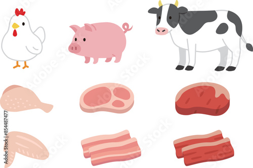 シンプルな食肉と動物のイラストセット。鶏肉、豚肉、牛肉