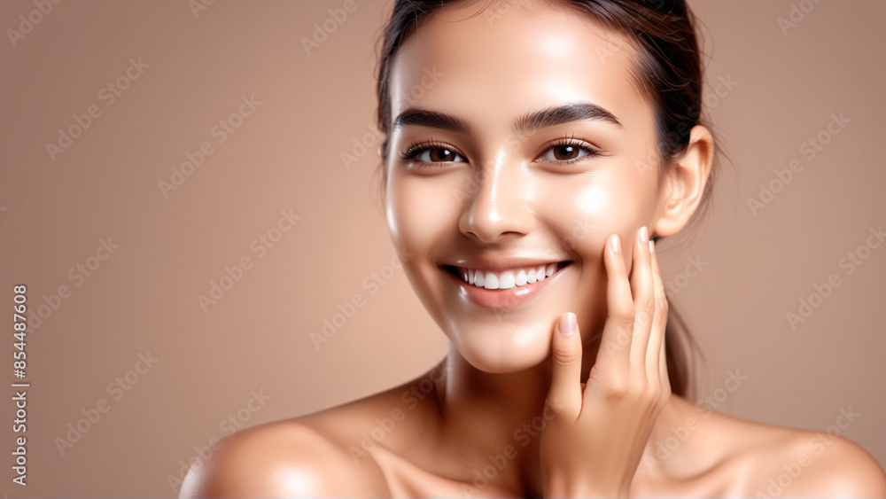 Woman smiling while touching her flawless glowy skin with copy space for your advertisement, skincare Woman smiling while touching her flawless glowy skin with copy space for your advertisement, skincare