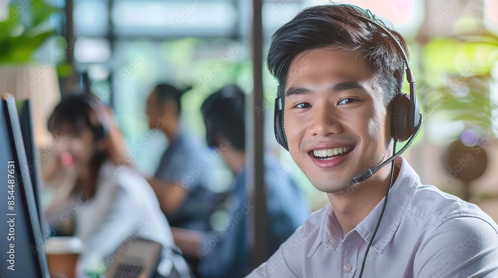 Asian man working in a call center or office, providing customer service and support, with a positive and enthusiastic attitude as a tech sales consultant or receptionist. copy space for text. Asian man working in a call center or office, providing customer service and support, with a positive and enthusiastic attitude as a tech sales consultant or receptionist. copy space for text.