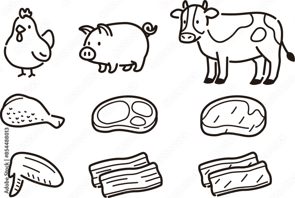 Fototapeta premium シンプルな食肉と動物のイラストセット。鶏肉、豚肉、牛肉