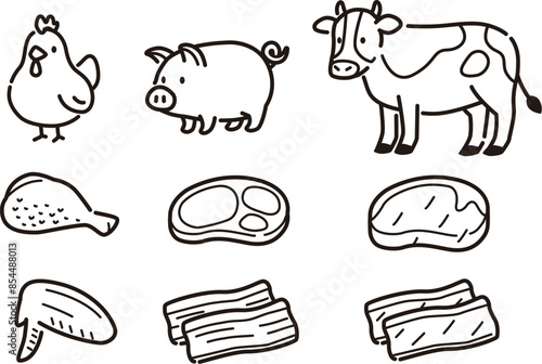 シンプルな食肉と動物のイラストセット。鶏肉、豚肉、牛肉