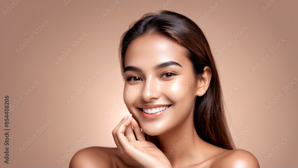 Woman smiling while touching her flawless glowy skin with copy space for your advertisement, skincare Woman smiling while touching her flawless glowy skin with copy space for your advertisement, skincare