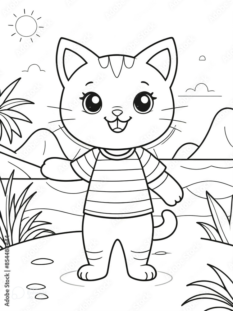 Cat wearing t-shirt in summer beach background, coloring page for kids ...