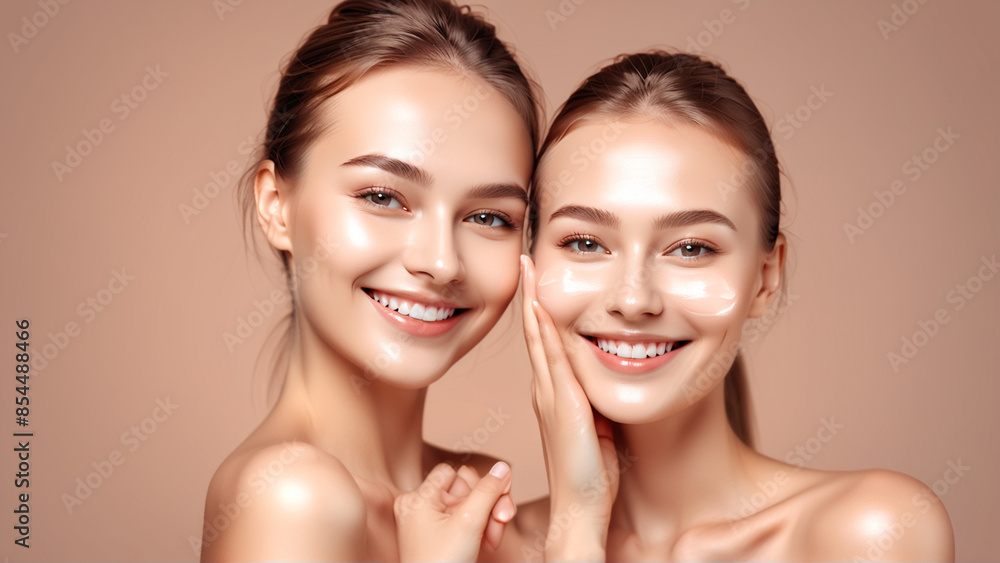 Woman smiling while touching her flawless glowy skin with copy space for your advertisement, skincare Woman smiling while touching her flawless glowy skin with copy space for your advertisement, skincare