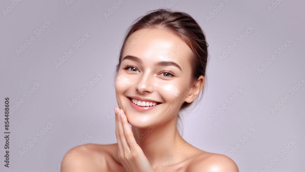 Woman smiling while touching her flawless glowy skin with copy space for your advertisement, skincare Woman smiling while touching her flawless glowy skin with copy space for your advertisement, skincare