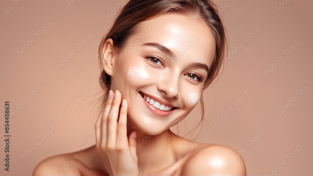 Woman smiling while touching her flawless glowy skin with copy space for your advertisement, skincare Woman smiling while touching her flawless glowy skin with copy space for your advertisement, skincare
