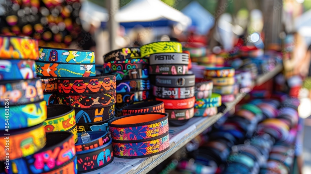 Fototapeta premium Vibrant Concert Festival Wristbands Displayed at Busy Vendor Table in Energetic Marketplace Setting