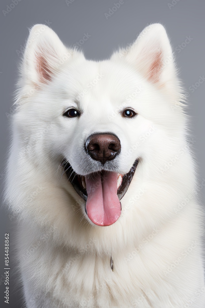 Cheerful fluffy dog portrait on white background, cute and endearing canine moment Cheerful fluffy dog portrait on white background, cute and endearing canine moment