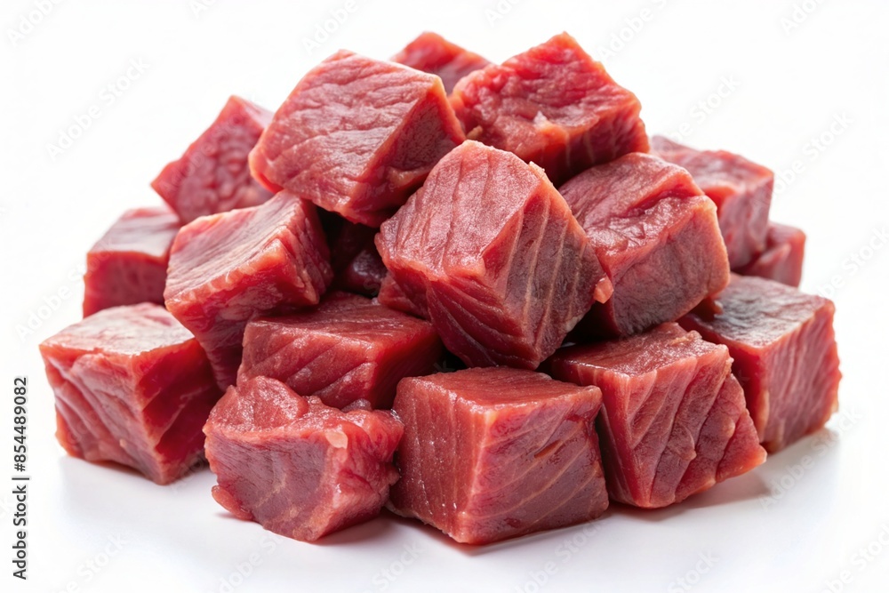 A pile of red meat is cut into small cubes A pile of red meat is cut into small cubes