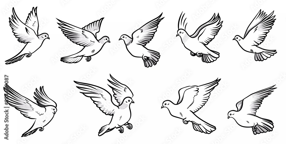line art vector illustration of pigeons flying in different poses, line art vector illustration of pigeons flying in different poses,