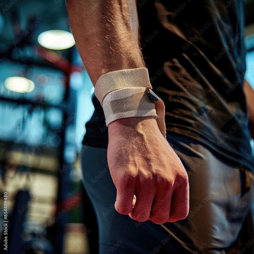 Obraz premium Determined Gymnast Battling Sprained Wrist in Indoor Gym - Intense and Focused Training Session