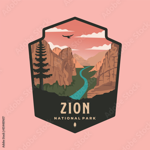 zion national park logo patch illustration design, utah landmark emblem style