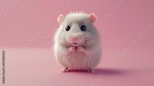 A fluffy white hamster with big, black eyes stares intently at the camera against a soft pink backdrop. © AriyaniAI