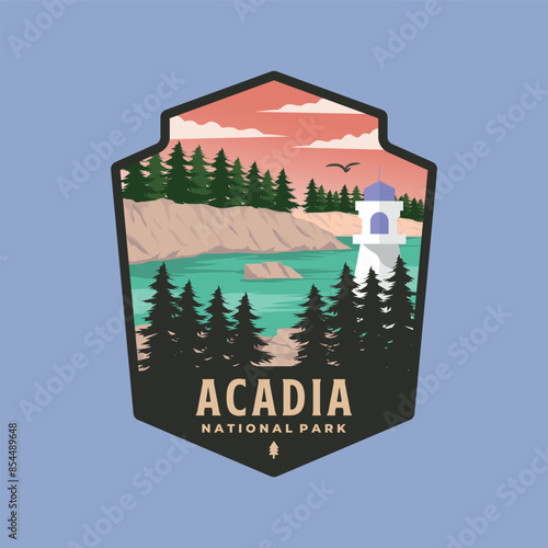 acadia national park patch logo vector illustration design, maine landmark emblem style