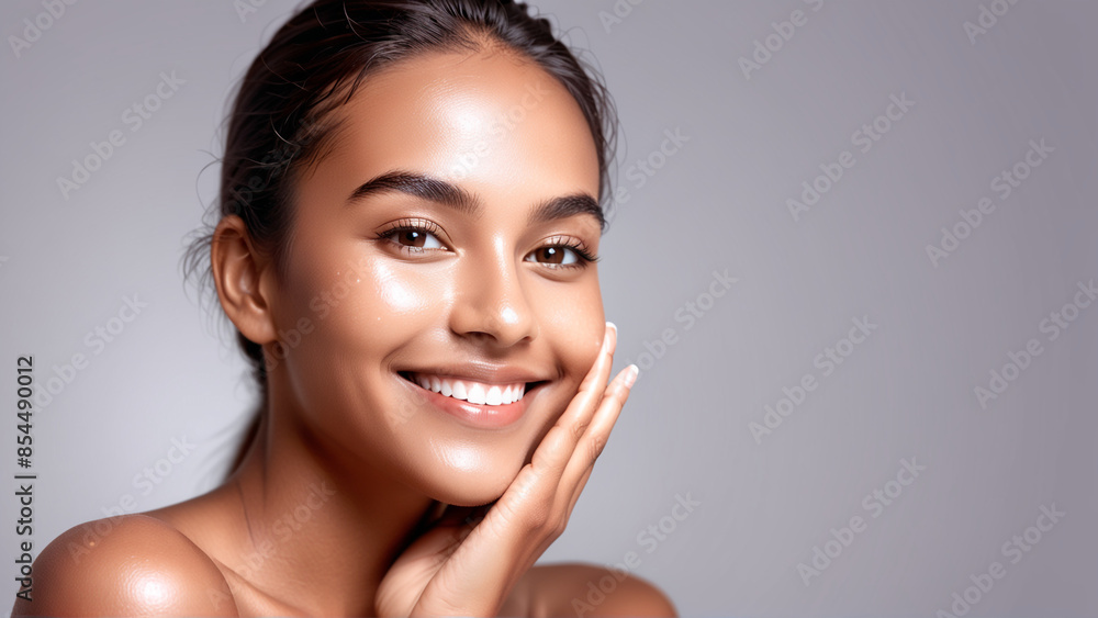 Woman smiling while touching her flawless glowy skin with copy space for your advertisement, skincare
Woman smiling while touching her flawless glowy skin with copy space for your advertisement, skincare