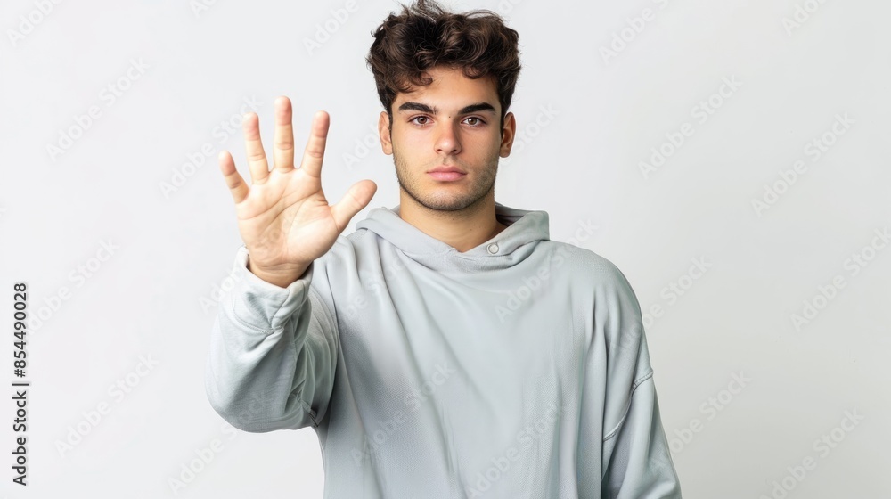 Young man posing with stop gesture in front of white background Young man posing with stop gesture in front of white background