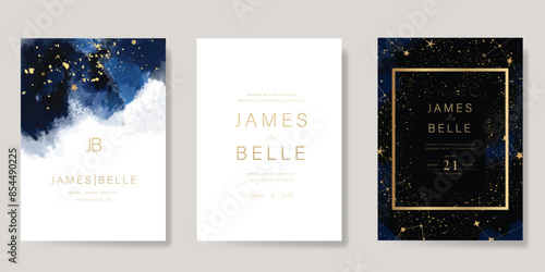 Navy Blue Luxury Wedding Invitation, start invite thank you, rsvp modern card Design in Night sky with  little star moon sun and space decorative Vector elegant rustic template