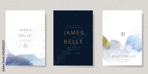 Navy Blue Luxury Wedding Invitation, start invite thank you, rsvp modern card Design in Night sky with  little star moon sun and space decorative Vector elegant rustic template