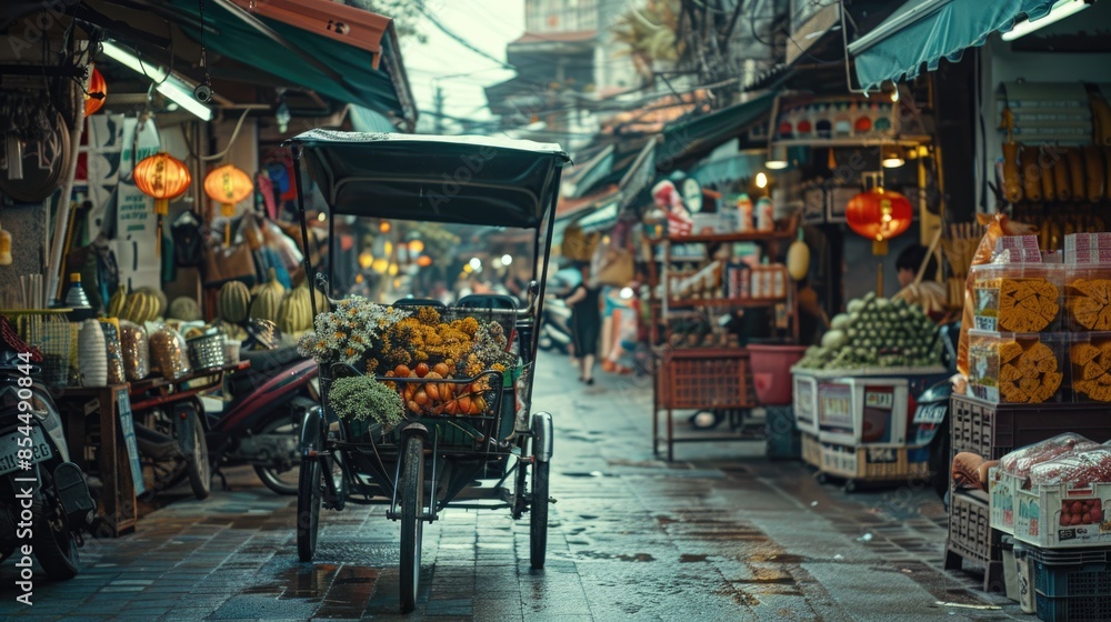 Authentic Rickshaw in Bustling Asian Market with Rich Cultural Details and Lively Atmosphere Authentic Rickshaw in Bustling Asian Market with Rich Cultural Details and Lively Atmosphere