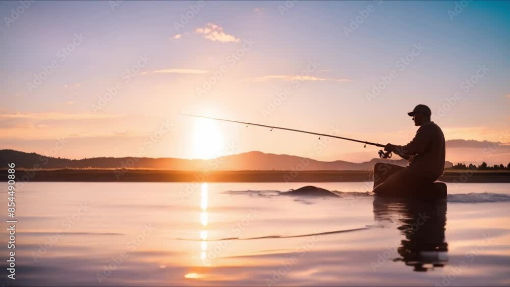 Fishing man silhouetted against sunset sky. Concept Fishing, Silhouette, Sunset, Outdoors, Sky Fishing man silhouetted against sunset sky. Concept Fishing, Silhouette, Sunset, Outdoors, Sky