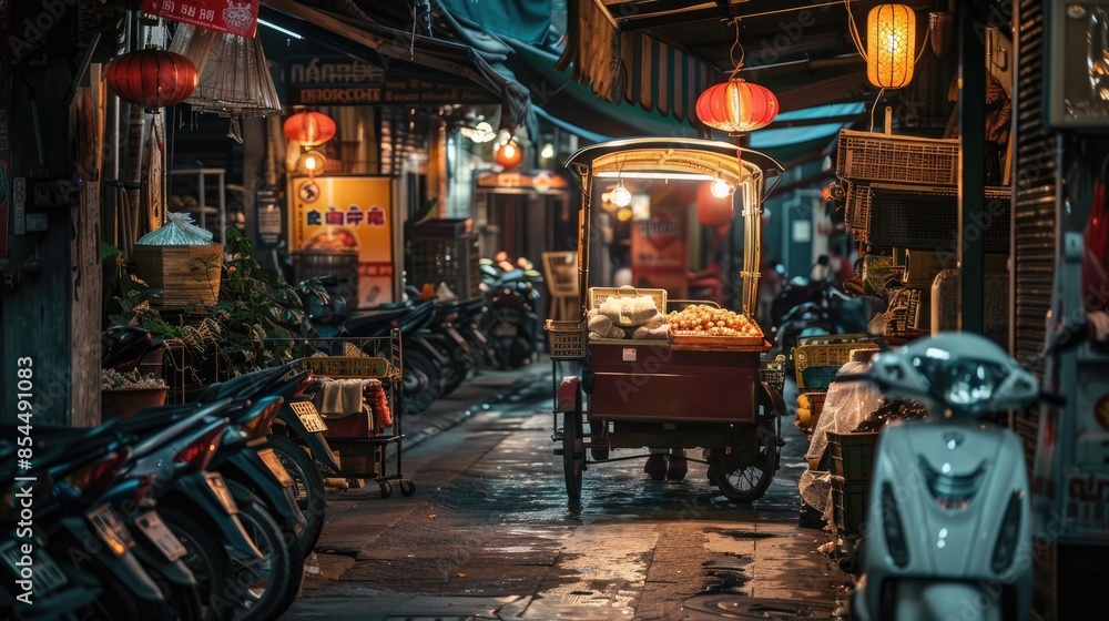 Serene Charm of an Ancient Asian Market: Traditional Rickshaw Amid Vibrant Cultural Scene Serene Charm of an Ancient Asian Market: Traditional Rickshaw Amid Vibrant Cultural Scene