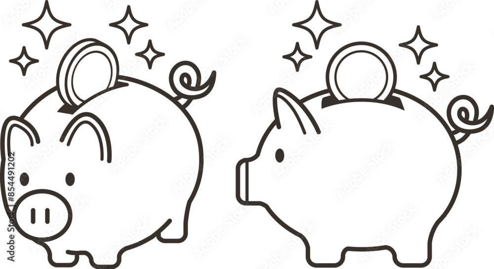 かわいい豚の貯金箱と入るコインのイラスト かわいい豚の貯金箱と入るコインのイラスト