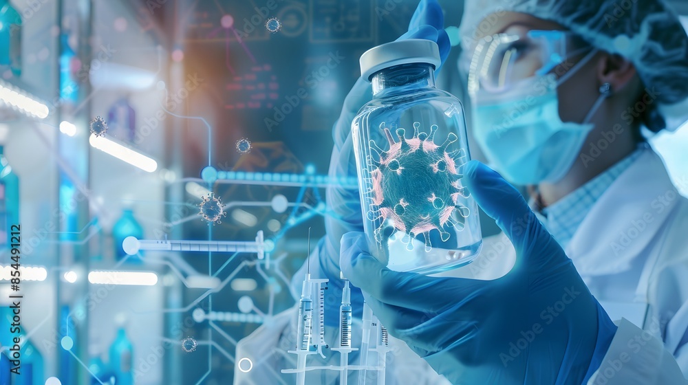 Medical professional presenting a virus vaccine jar, highlighting innovation in immunization Medical professional presenting a virus vaccine jar, highlighting innovation in immunization