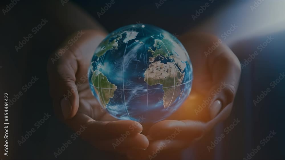 Hands holding global communication network symbol against blurred background representing sustainable development goals and environmental technology. Concept Sustainable Development Goals Hands holding global communication network symbol against blurred background representing sustainable development goals and environmental technology. Concept Sustainable Development Goals