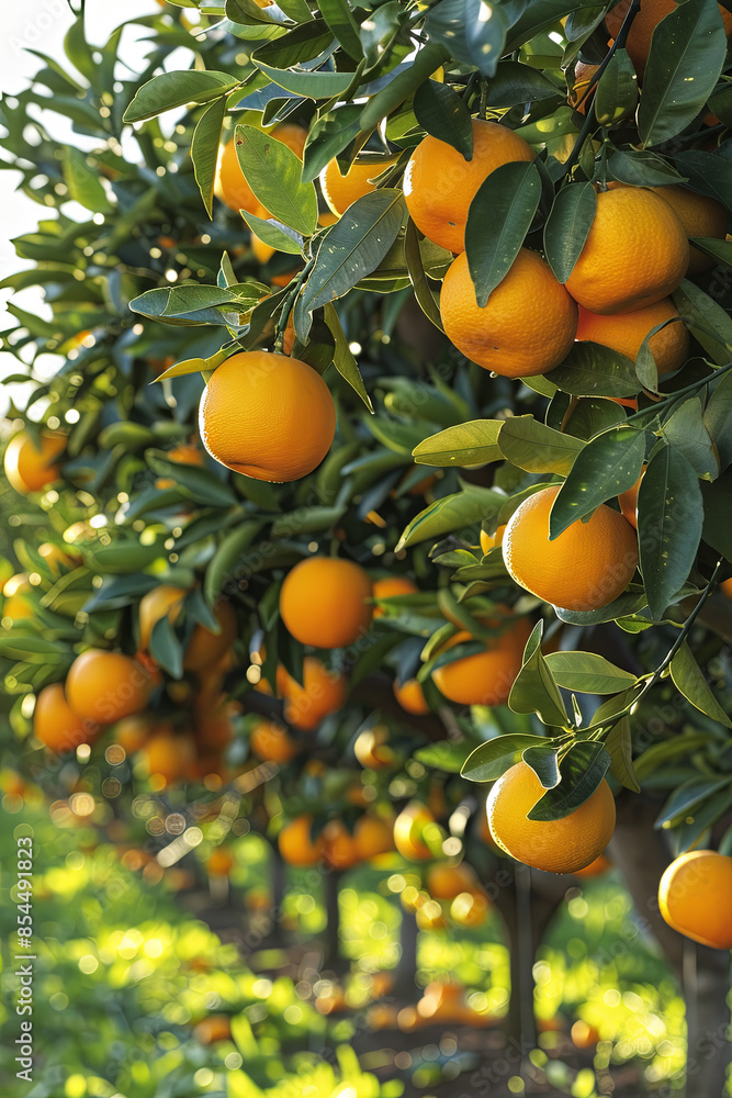 Sunlit orange grove with ripe oranges ready to be picked Sunlit orange grove with ripe oranges ready to be picked