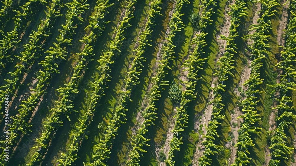 Fototapeta premium Top view of grapevines in neat rows, lush greens, detailed vine textures, soft morning light 