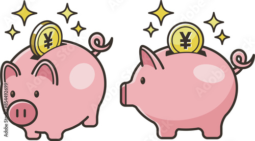 かわいい豚の貯金箱と入る日本円コインのイラスト